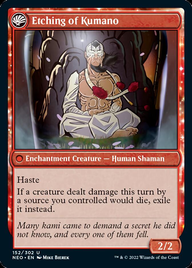 Kumano Faces Kakkazan // Etching of Kumano (NEO-152) - Kamigawa: Neon Dynasty: (fandfc, enchantment) Foil