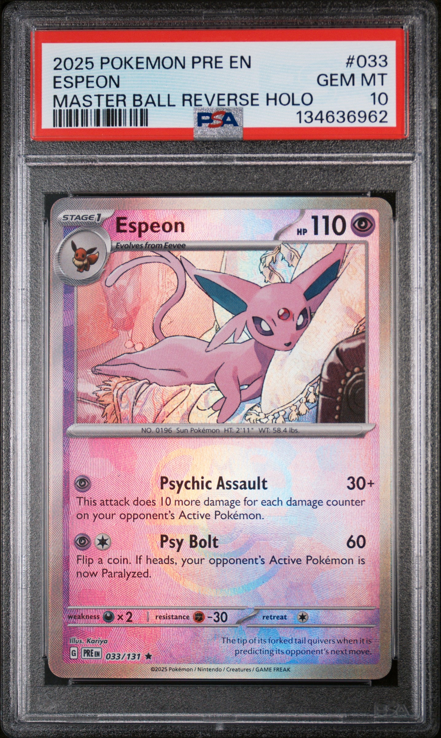 Espeon Master Ball Prismatic Evolutions 033/131 PSA 10 Espeon Master Ball Prismatic Evolutions 033/131 PSA 10