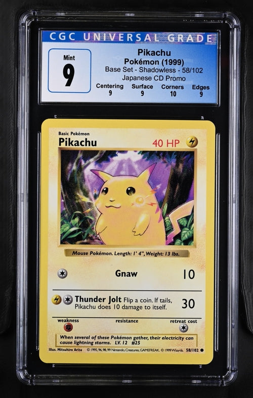 basic pokemon pikachu card value 58/102 Pikachu Shadowless CD Promo 58/102 CGC 9