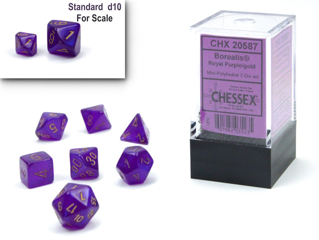 Chessex Borealis Mini Polyhedral 7 Die Set - Royal Purple/Gold Luminary