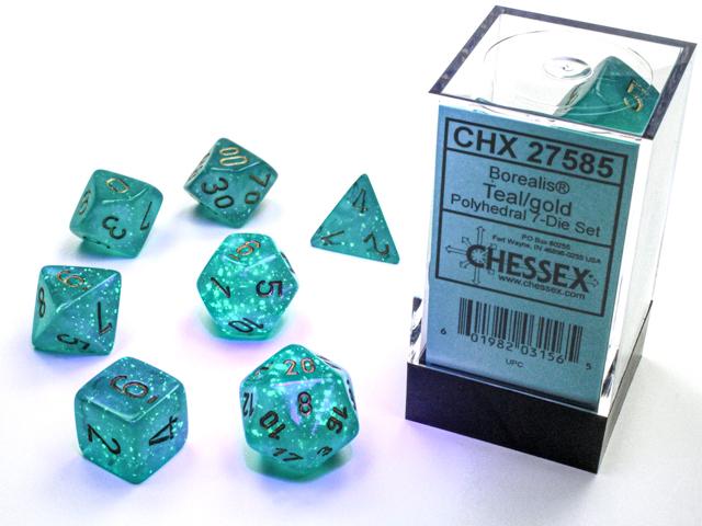 Chessex Borealis Polyhedral 7 Die Set - Teal/Gold Luminary