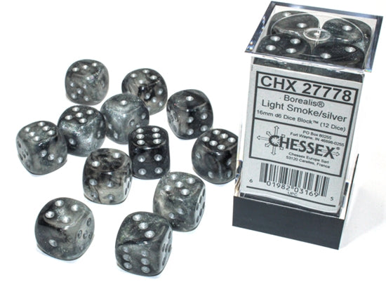 Chessex Borealis Light Smoke/Silver Luminary 16MM D6 Dice Block (12 Dice)