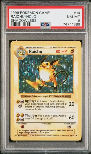 Raichu Base Set Shadowless Unlimited 14/102 PSA 8