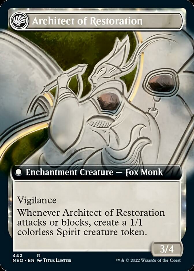 The Restoration of Eiganjo // Architect of Restoration (NEO-442) - Kamigawa: Neon Dynasty: (Extended Art, fandfc, enchantment) Foil