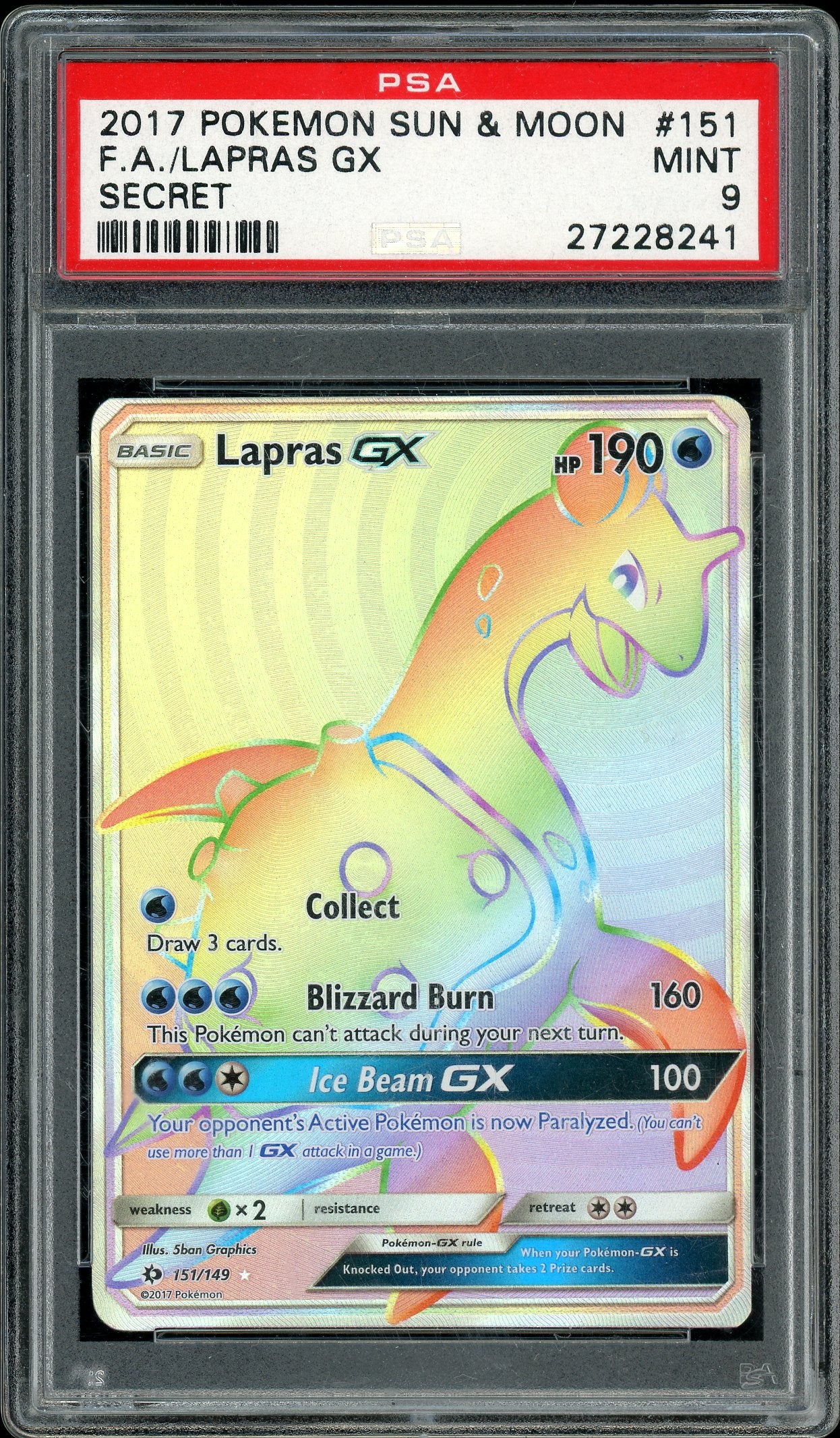 Lapras GX Sun & Moon Base Set 115147/149 PSA 9