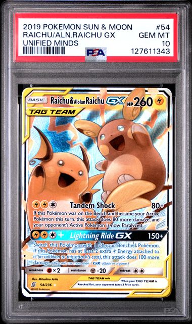 Raichu & Alolan Raichu GX Unified Minds 54/236 PSA 10