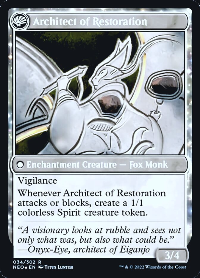 The Restoration of Eiganjo // Architect of Restoration (PRE-34S) - Kamigawa: Neon Dynasty Promos: (fandfc, enchantment) Foil