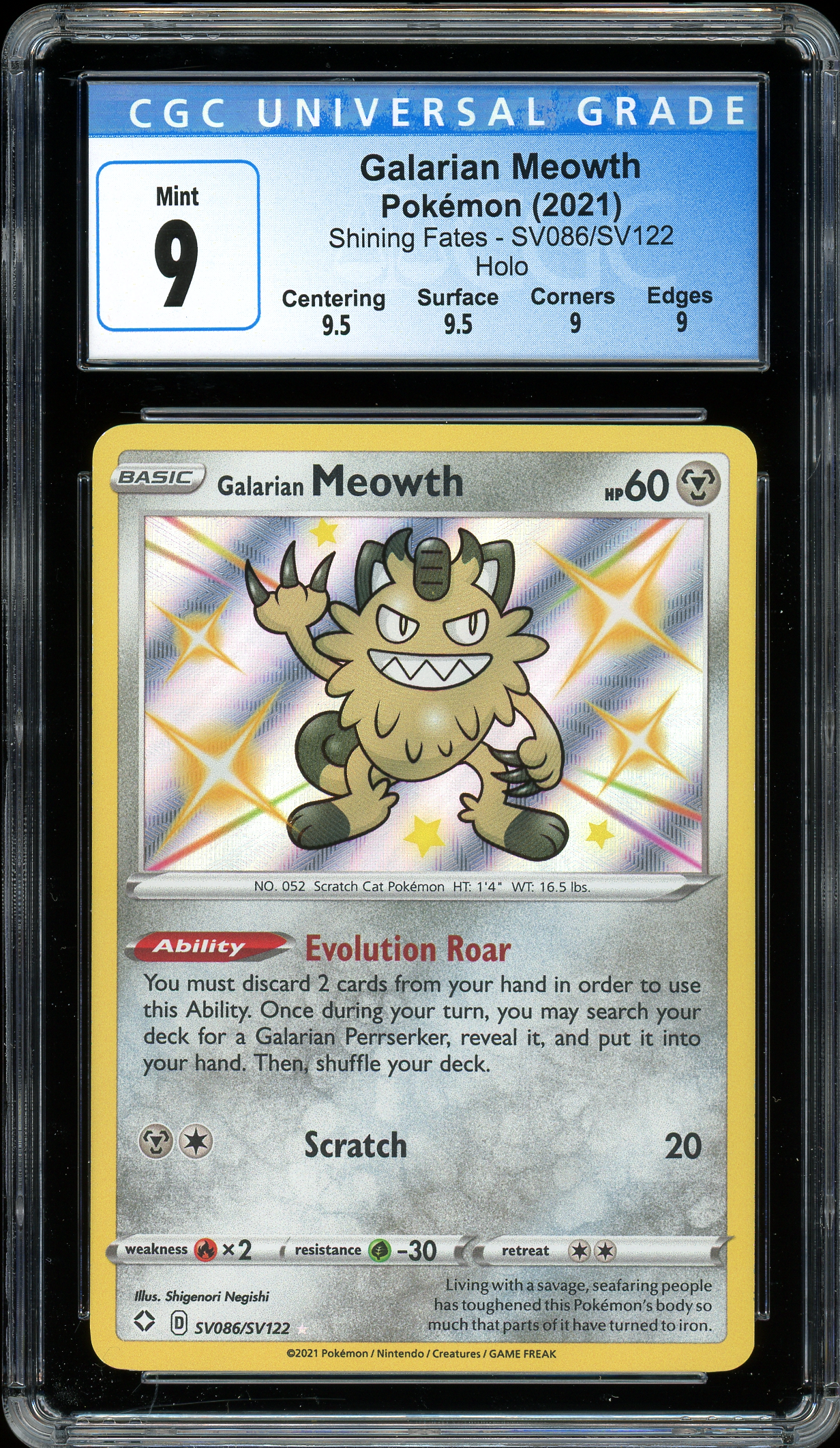 Galarian Meowth Shining Fates SV086/SV122 CGC 9