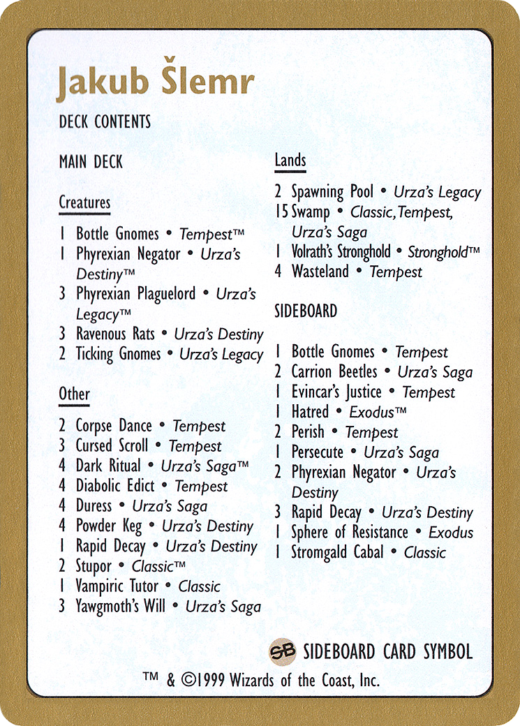 Jakub Šlemr Decklist (1999) (WCD-) - World Championship Decks 1999