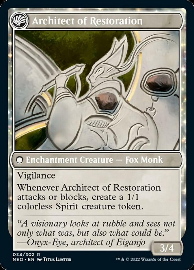 The Restoration of Eiganjo // Architect of Restoration (NEO-034) - Kamigawa: Neon Dynasty: (fandfc, enchantment) Foil