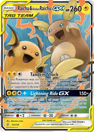 Pokemon: Raichu & Alolan Raichu GX Unified Minds 54/236 - Near Mint