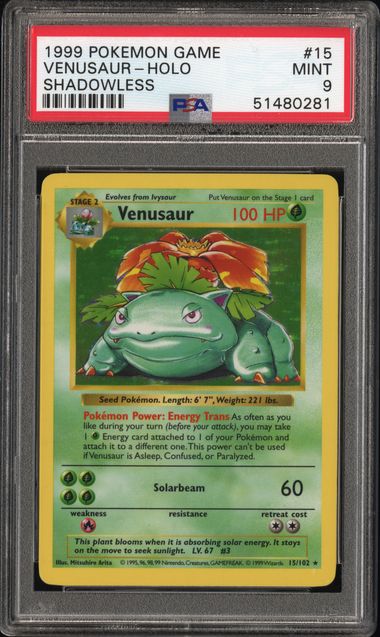 VENUSAUR HOLO BASE SET SHADOWLESS 15/102 PSA 9