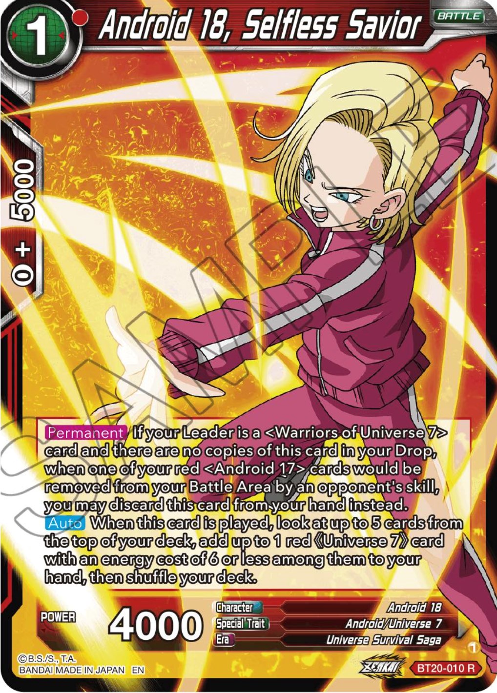 Android 18, Selfless Savior (BT20-010) [Power Absorbed] Parallel Foil