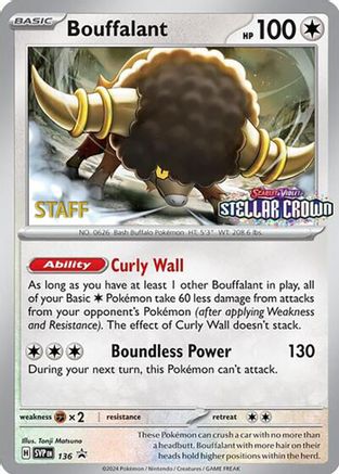 Bouffalant (Prerelease) [Staff] 136 - SV Scarlet & Violet Promo Cards Reverse Holofoil
