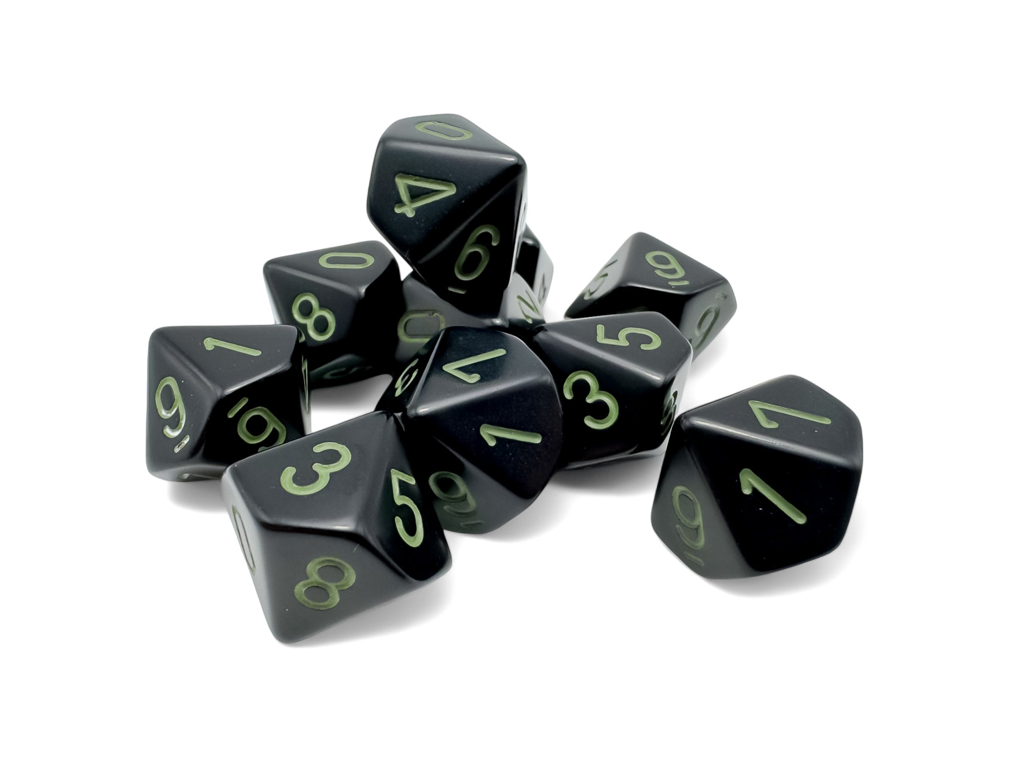 Chessex Opaque Black/Green Set of Ten D10s