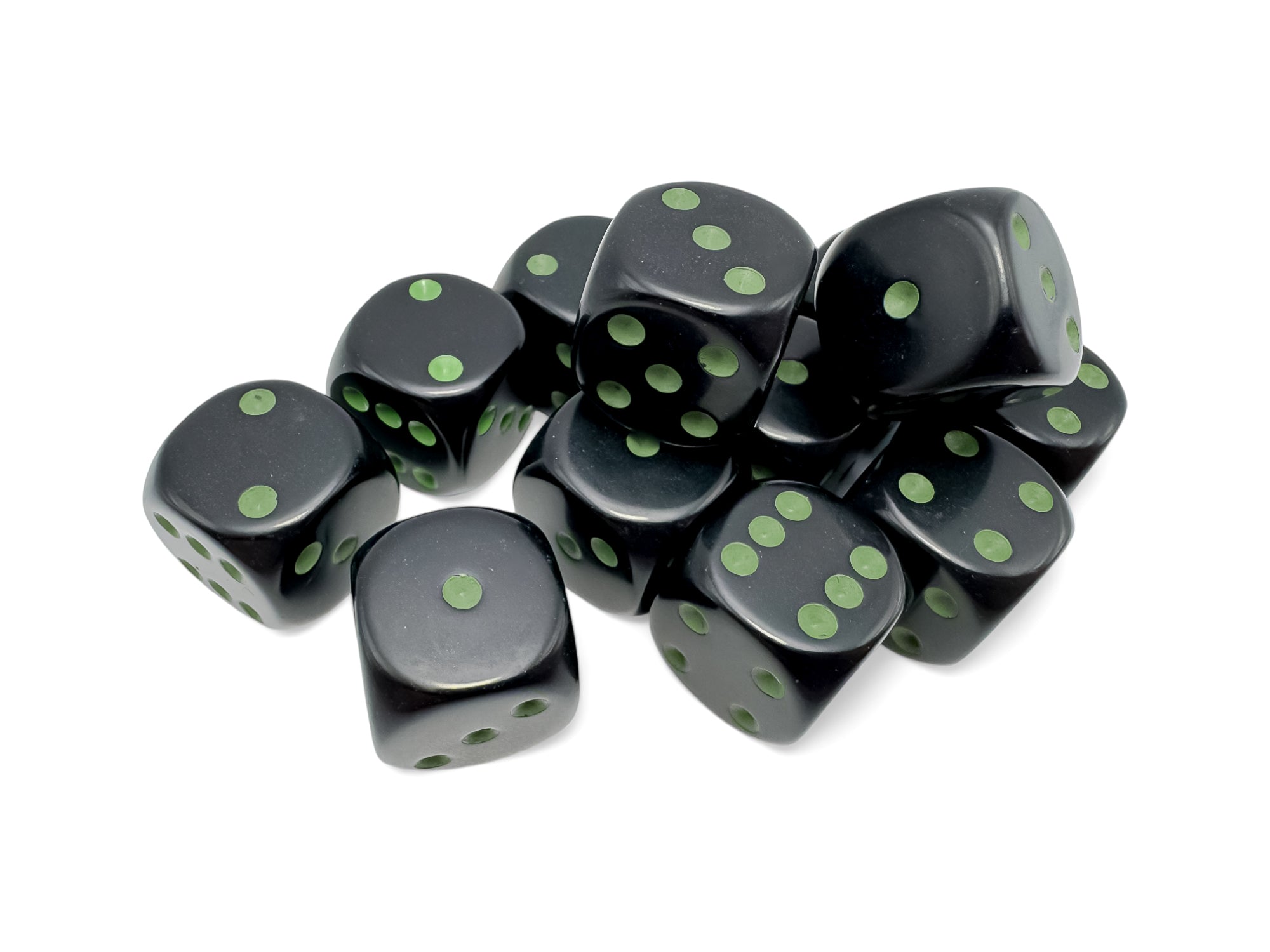 Chessex Opaque Black/Green 16MM D6 Dice Block (12 Dice)