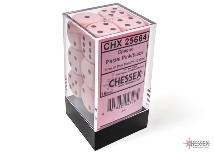 Chessex Opaque 16mm D6 Pastel Pink/Black Dice Block (12 dice)