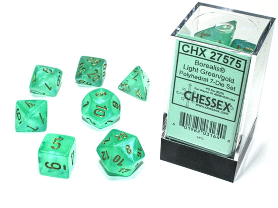 Chessex Borealis Polyhedral 7 Die Set - Light Green/Gold Luminary
