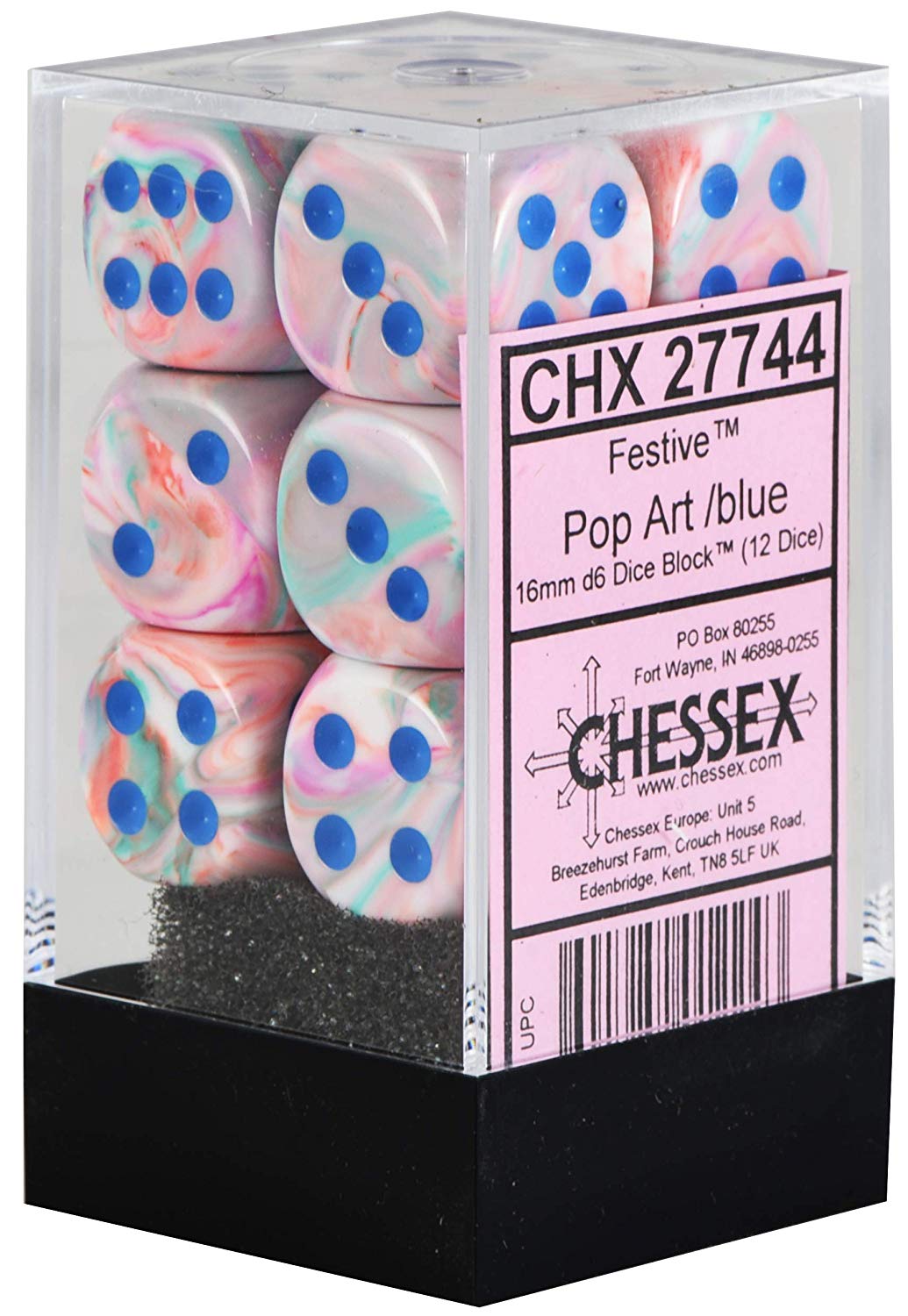 Chessex Festive Pop-art/Blue 16MM D6 Dice Block (12 Dice)