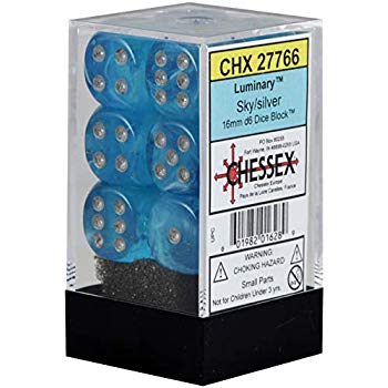 Chessex Sky/Silver Luminary 16MM D6 Dice Block (12 Dice)