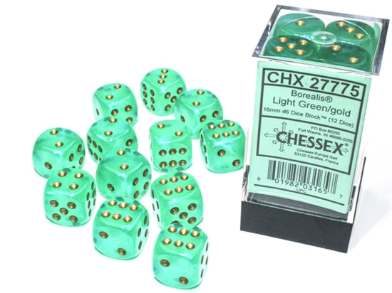 Chessex Borealis Light Green/Gold Luminary 16MM D6 Dice Block (12 Dice)