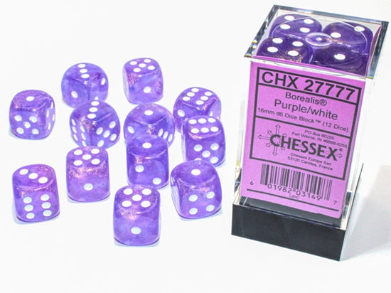 Chessex Borealis Light Purple/White Luminary 16MM D6 Dice Block (12 Dice)