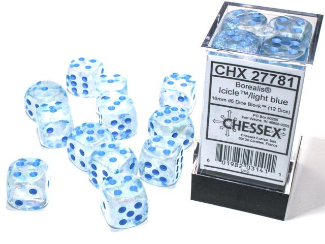 Chessex Borealis Icicle/Light Blue Luminary 16MM D6 Dice Block (12 Dice)