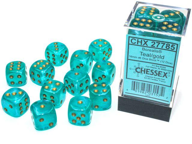 Chessex Borealis Teal/Gold Luminary 16MM D6 Dice Block (12 Dice)