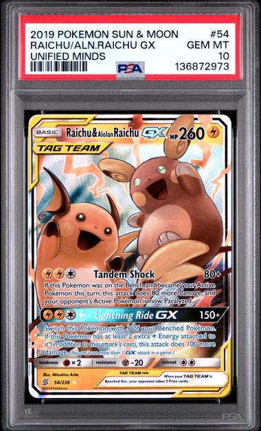 Raichu & Alolan Raichu GX Unified Minds 54/236 PSA 10