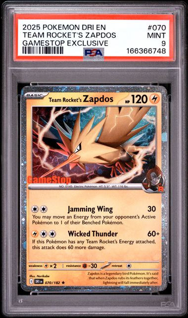 Team Rocket's Zapdos Gamestop Stamp 070/182 PSA 9