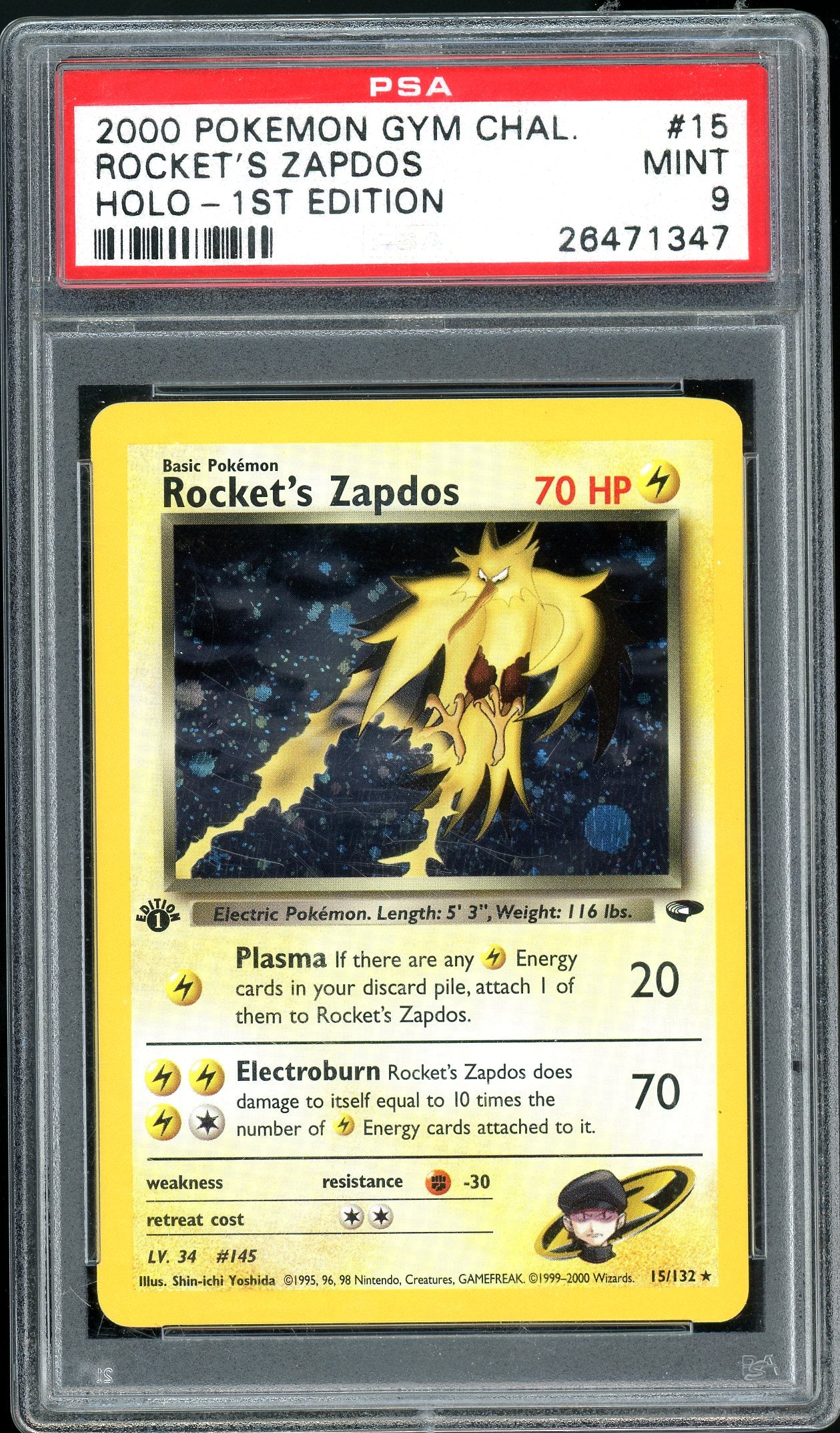 Rocket's Zapdos 1st Edition Holofoil Gym Challenge 15/132 PSA 9