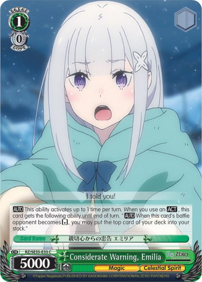Considerate Warning, Emilia (Parallel Foil) (RZ/SE35-E33 C) - Re:ZERO: The Frozen Bond